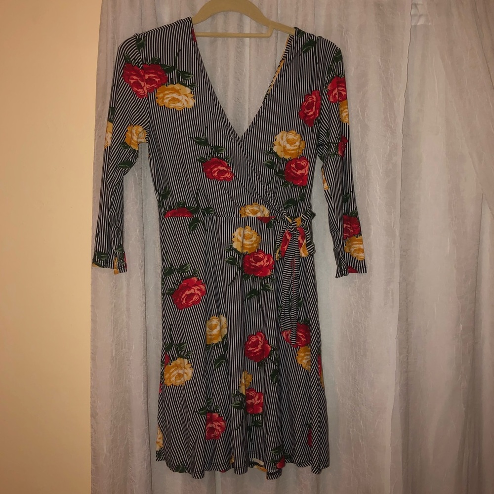 Striped and floral faux wrap dress